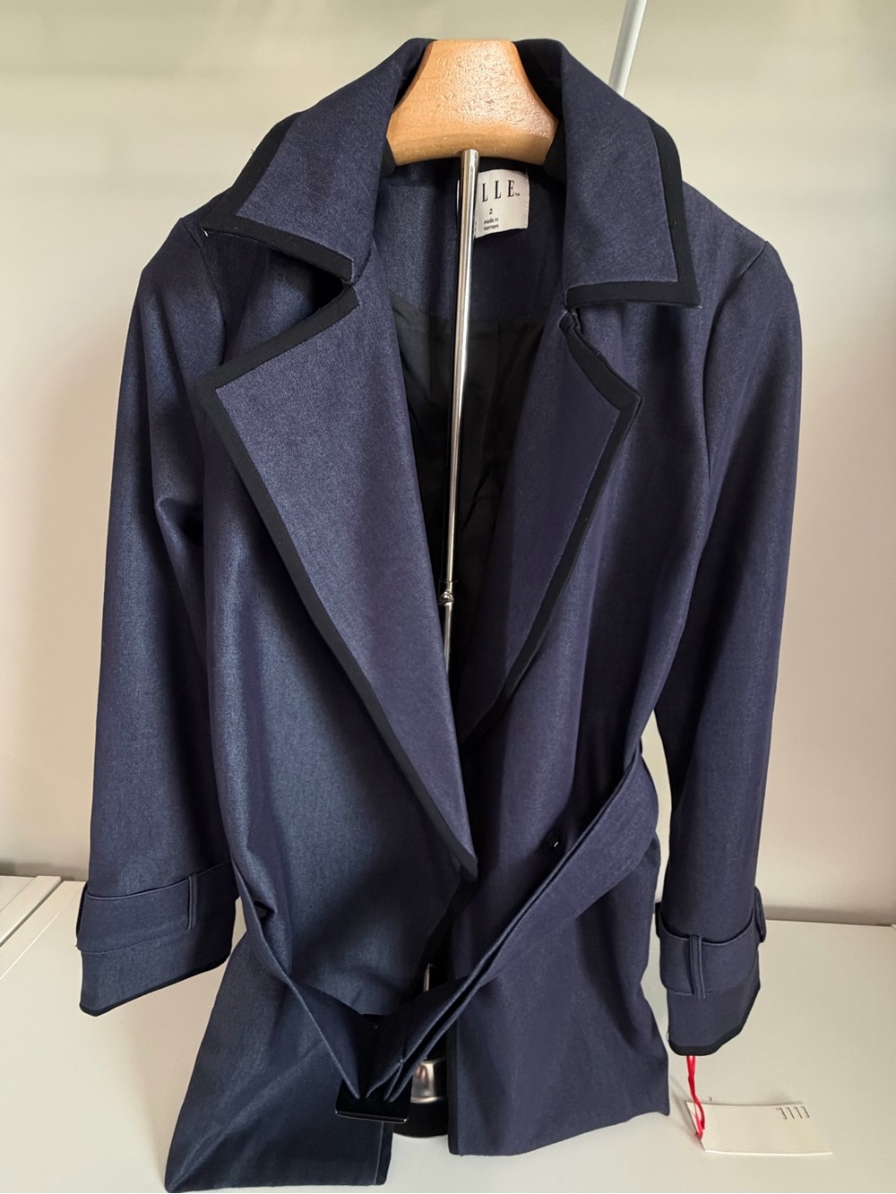 Elle Dark Navy Trench Coat with Black Trim
